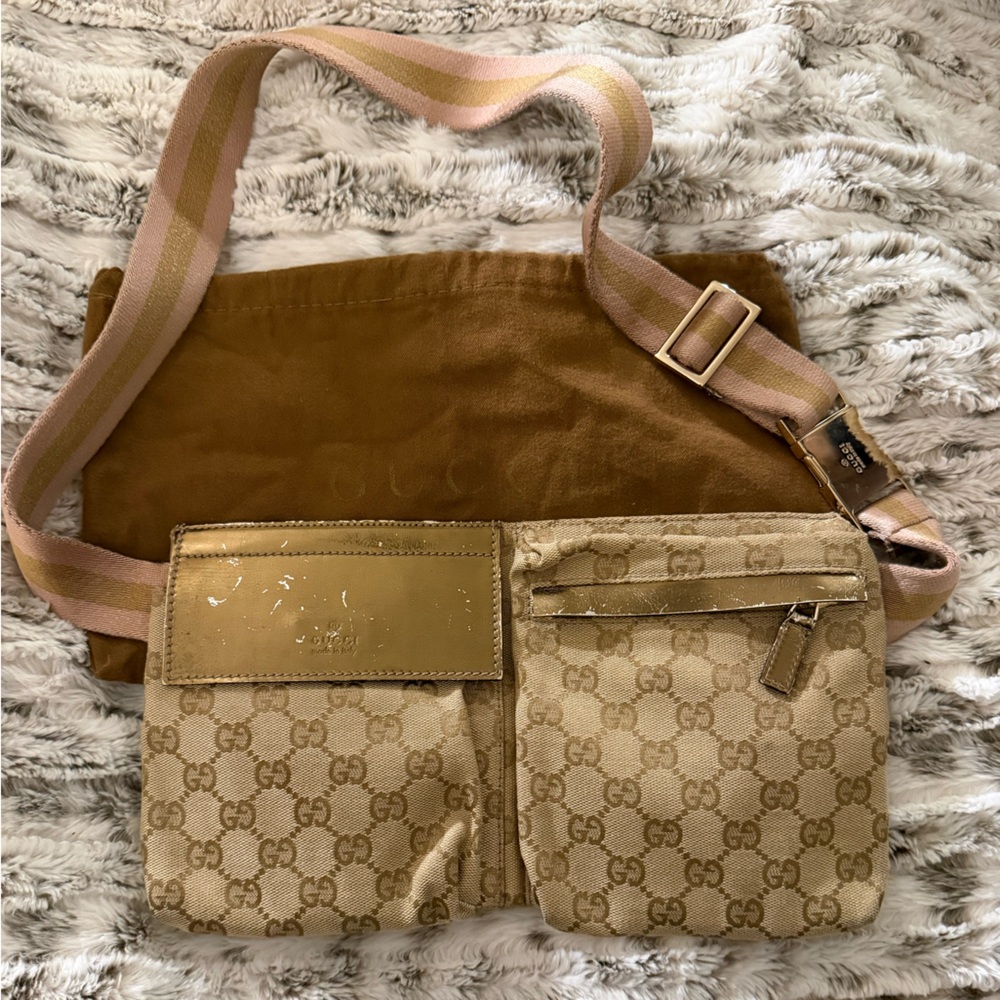 Authentic Gucci Monogram Waist Belt Pink/Gold